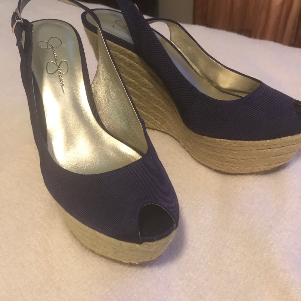 Ladies purple canvas slingback wedge